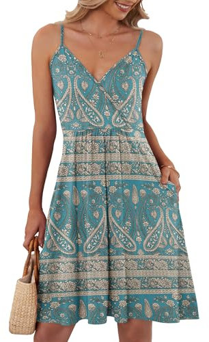 AUSELILY Strandkleid Damen Kurz Leicht Und Luftig Sommer Strandkleider Freizeitkleid Wickelkleid Sexy Träger Trägerkleid mit Taschen(Boho Floral Grün,S