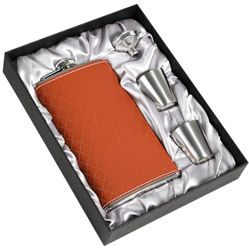 LHD HOME Flask for Men,350ml/12oz Hip Flask,304 Food Grade Stainless Steel,2 Cups and Funnel Portable Gift Box for Whiskey Rum Groomsman Best Man Usher Wedding-Leather Rhomboid Stripe Brown