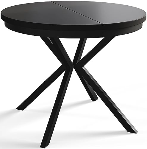 Esszimmertisch BERGO, Durchmesser: 90-170 cm, Schwarz, Schwarz Beine | Runder Tish, Ausziehbarer Tisch, Wohnzimmertisch mit Metallbeinen