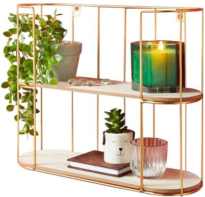 YORKSHIRE HOMEWARE 2 Tier Storage Shelves | Floating Wall Shelf with Metal Frame | Wooden Display Shelving Unit | Hanging Wall Decoration for Bedroom, Living Room, Office, Hallway Kitchen