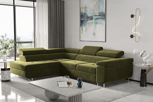 Kaiser Möbel, Ecksofa mit schlaffunktion, mit Bettkasten, Schlafsofa Atom Lux, Designer Sofa, Modern Design Couch, Polsterecke, Freistehend, Stoff Monolith Klasse A, Olive Links