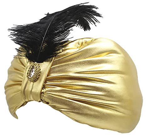 Goldene Turbane, Satinstoff Turban Gold Sultan Hut, arabische Genies Kopf Wrap, arabischer indischer Hut, Swami Plissee Feder Hut für Kostümparty, Halloween, Geburtstag und Events, gold, 24*17cm