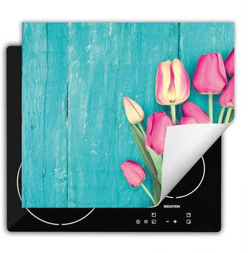 DarHaus Herdabdeckplatte Einteilig Küche Herdabdeckung Ceranfeld Herdabdeckplatten Anti Rutsch Matte Aufrollbar 60x52 cm, türkis - Holz - Tulpen