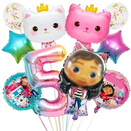 KPPZWNXX 10 Pièces Gaby Chat Ballons Anniversaire Set 5 Ans Fille, Gaby Anniversaire Décoration Ballon en Aluminium, Fête d'Anniversaire Décoration Ballons Set pour Enfants (5)