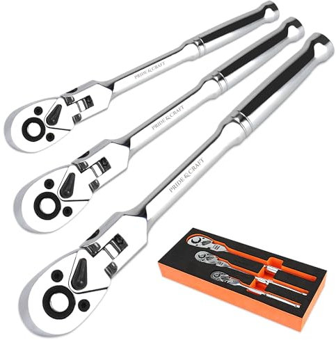 PRIDE&CRAFT 3pc Flex Head Ratchet Wrench Set, 1/4, 3/8, 1/2 Drive, 72-Tooth, Socket Wrench Quick Release Reversible Design, Chrome Alloy Made, EVA Organizer