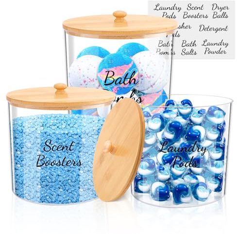 TCJJ 3pcs Laundry Storage Containers With Labels,High-Capacity Plastic Washing Powder Storage,Bathroom Laundry Pod Storage Container With Bamboo Lid,For Washing Pods,Bath Bombs,Scent Booster