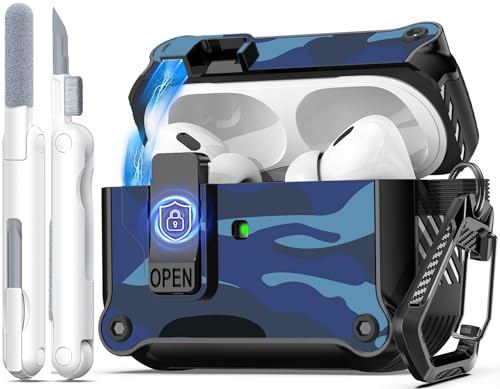 R-fun kompatibel mit AirPods Pro 2 Hülle (Auto Pop-Up-Deckel) mit Reinigungsset, kompatibel mit Airpods Pro 2./1. Gen(2023/2022/2019), für Airpods Pro Hülle (USB-C/Lightning-Kabel),Blaue Tarnung