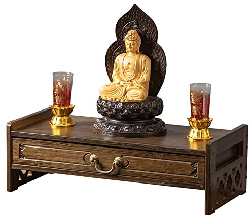 Tisch Buddha Statue Stand Worship Pedestal, Mit Schublade, Wicca-Altartisch mit Aufbewahrung, Bambus-Schreintisch for buddhistischen/Tee-Hausaltar, kleiner Raum, orientalisches Dekor(Brass,Small)