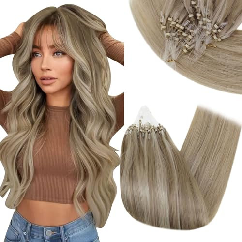 RUNATURE Microring Extensions Echthaar Braun Hervorheben Blond 30cm Extensions Echthaar Microring Aschbraun Mit Platinblond Echte Haare 50Strähne Echthaar Extensions Microring 40g #8P60