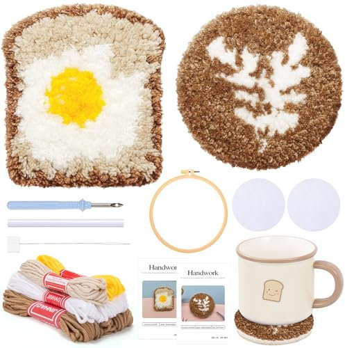 JSRQT 2 Stück Punch Needle Set Untersetzer, Stanznadel Stickereiset Anfänger Erwachsene mit Kaffeebrot Design, Punch Needle Kit Getränke Auto Untersetzer mit Punch Nadel Werkzeug Set, Nadel und Fäden