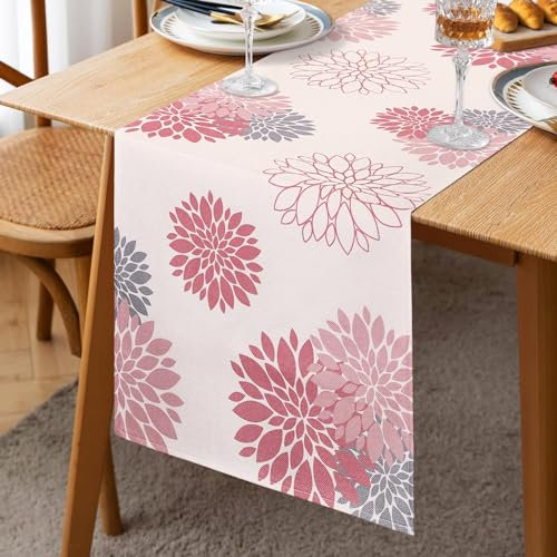 Chemin de Table Rose Gris Dahlia Floral Chemins de Table Lin Moderne 33x183 cm Attrayant Ferme Table Centre Décor pour Commode Armoire Table TV Cuisine Salle À Manger Table Fête Banquet Mariage