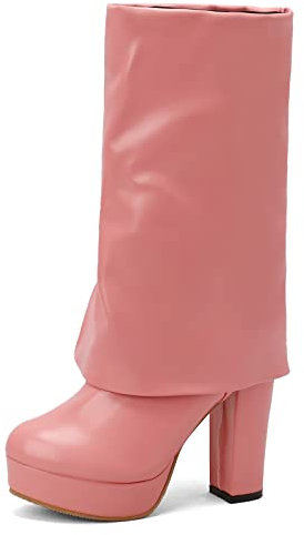 Diuniarza Tacco a Blocco Punta Rotonda Plateau Donna Stivali a Metà Polpaccio Tacco Alto con Risvolto Side con Cerniera Concise Stivali Equitazione Rosa Numero 45 EU/47 Asiatico