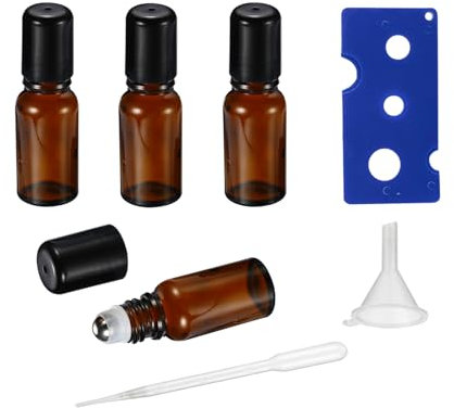 HEYLEAYAR 5ML Roller Bottles for Essential Oil, 4 Pack Empty Amber Glass Roller Bottle for Perfume Oil, Roll on Bottles with Stainless Steel Roller Balls, Opener, Funnel and Dropper