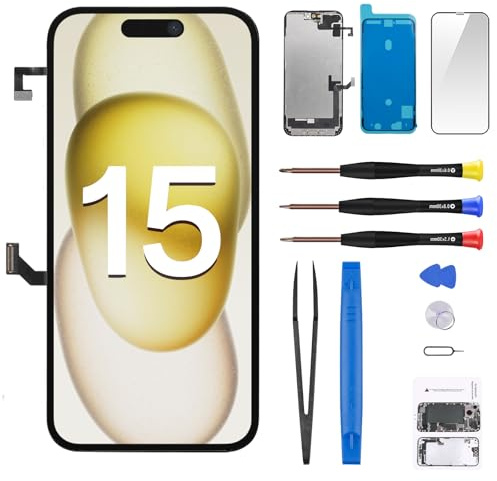 CYKJGS Ersatzdisplay für iPhone 15, 15,5 cm (6,1 Zoll), 3D-Touch-LCD-Display, Digitizer, komplette Montage mit Ohrhörer-Reparatur, Umgebungslichtsensor, Näherungssensor, Reparaturwerkzeug-Set A3090
