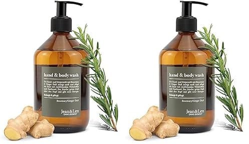 Jean & Len Hand & Body Wash Rosemary und Ginger, reinigt und pflegt die Haut, Würzig-frischer Duft, Duschseife, Flüssigseife ohne Silikone, Parabene & Mikroplastik, Glasflasche 500 ml (Packung mit 2)