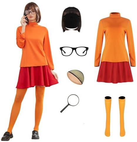 AYYOHON Velma - Costume da donna Daphne, con parrucca, occhiali, pullover, gonna, set viola, mini abito per Halloween e cosplay