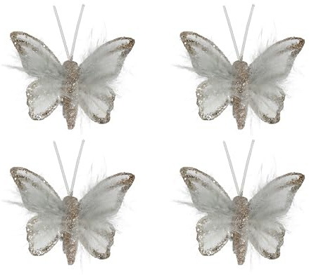 Kaemingk Schmetterling mit Federn & Clip 5cm - Deko Schmetterlinge auf Klammer - 4er Set - zum Dekorieren & Basteln - Christbaumschmuck Hochzeitsdeko Frühlingsdeko - Dekoklammern Gold Weiß