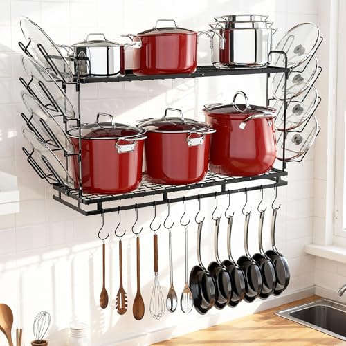 Housolution Pot and Pan Storage Rack Wall Mounted, 57-77cm Length Expandable, 3 Level Height Adjustable, 2 Tier Heavy Duty Saucepan Hanging Rack Organiser Holder with 12 Hooks and 8 Lid Holders