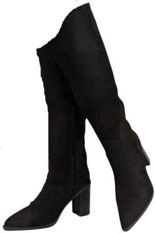 iKrush Women's Composition Leather Black Pointed Toe Block Heel Knee High Boots