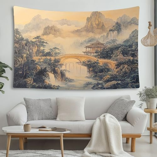 LCHMQ Traditionelle Steinbrücke Tapisserie Asien Tempel Wasserfall Wandbehang Tapisserie Halloween Deko Wandteppich Schlafzimmer Strandtuch Picknickdecke 200x150cm