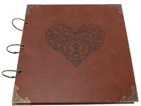OVAQUIXI Stilvolles Sammelalbum mit Losen Blättern, Ringbuch aus Eisen, Fotoalbum mit Schwarzen Kartenseiten, Erstellen Sie Ein Autogrammbuch, Braun (Herzförmiges Muster)