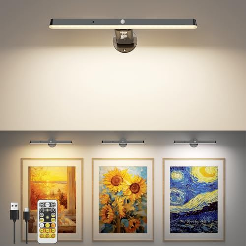 Motion Sensor Picture Lights for Wall, Rechargeable Wall Lights with Remote and Timer, Dimmable & 3 Color Temps, Magnetic Battery Operated LED Picture Lights Indoor for Paintings, Portraits, Black