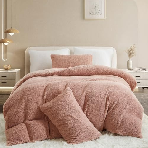 Covebett Plüsch Bettwäsche 220x240 Rosa Uni Winter Warm Teddy Fleece Cashmere Touch Plüschbettwäsche Set Flauschig Sherpa Flanell Wende Bettbezug mit Reißverschluss und 2 Kissenbezug 80x80cm
