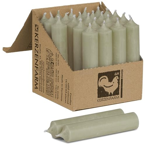 Kurze Stabkerzen 10 Stück, 100 x 22 mm durchgehend gefärbt - Spitzkerzen aus Deutschland - Kerzenfarm Hahn - Unparfümierte und RAL-Zertifizierte Tafelkerzen (10, Salbei)