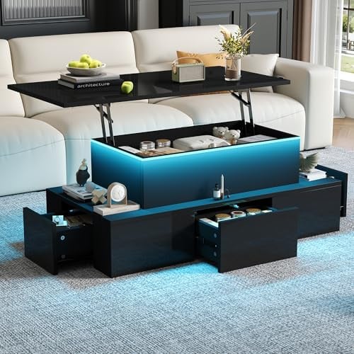 Coolfish Liftable Coffee Table w/ 4 Drawers, High-Gloss Side Table w/LED Lighting, Sofa Table, Coffee Table, Living Room Table w/Hidden Storage MDF 100 x 50 x 40 cm Black