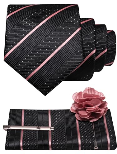 JEMYGINS Schwarz Gestreift Gepunktet Krawatte Set Herren Polyester Elegant Einstecktuch Krawattenklammer Ansteckblume Business Hochzeit Mehrfarbig