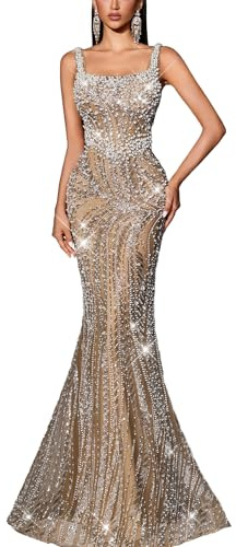 VOUIAO Damen Paillette Perlen Meerjungfrau formales Abendkleid Ballkleid | Spaghettiträger,Bodycon Hochzeitsgäste Kleid,Luxuriöses Party Cocktail Maxikleid,mit Schnürrücken Urlaub Roter Teppich Kleid