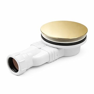 Slimline Brushed Brass Shower Tray Waste 90mm Trap Easy Clean Quick Fit Drain Cover Bathroom Replacement Traps, Brushed Brass