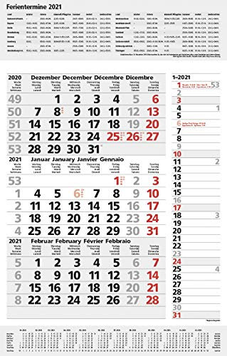 3-Monats-Planer Combi Grau 2021: 3-Monatskalender groß I Wandplaner / Bürokalender mit Datumsschieber, Ferienterminen, Vor-und Nachmonat und Jahresübersicht I extra Streifenplaner I 30 x 47,8 cm