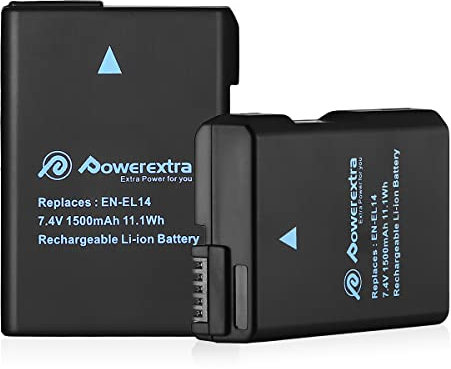 Powerextra Lot de 2 Batterie de Rechange Compatible pour Nikon EN-EL14 1500mAH pour EN-EL14a et Nikon D3100 D3200 D3300 D3400 D5100 D5200 D5300 D5500 DF Coolpix P7000 P7100 P7700 P7800 DSLR Cameras