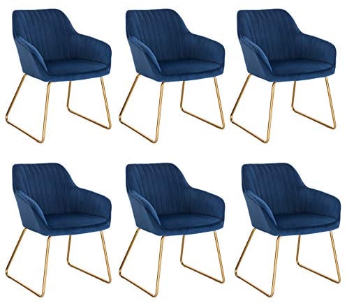 WOLTU Esszimmerstühle 6er Set Küchenstühle Wohnzimmerstühle Polsterstühle Sessel, Armlehnstühle mit Rückenlehne, für Esszimmer, Küche, Wohnzimmer, Samt, Gold Metallbeine, Blau, BH246bl-6