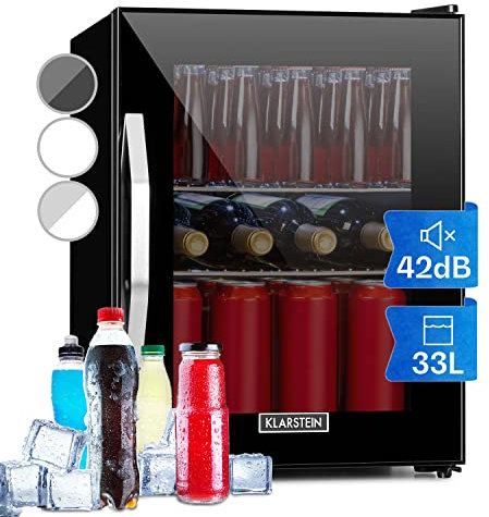KLARSTEIN Beer Fridge, Glass Mini Fridge for Bedrooms, Food, & Drinks, Small Wine Cooler, Glass Door Drinks Fridge, 33L w/Removable Shelves, Indoor/Outdoor Home Bar Storage