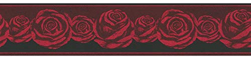 Frise papier peint fleuri rouge & noir | Frise tapisserie motif rose pour salon | Frise murale chambre adulte motif fleur rouge
