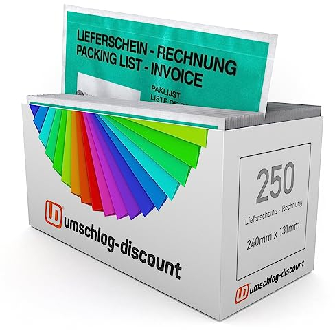 umschlag-discount – 250 grüne Versandtaschen aus Papier für Lieferscheine, Rechnungen, Retourenscheine & Co – selbstklebende Lieferscheintaschen mit den Innenmaßen 228 x 120 mm (außen 240 x 130)