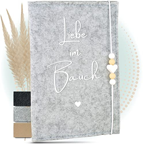 MAHEWA® Premium Mutterpass-Hülle aus Filz - mit Fach für Ultraschallbilder und Kärtchen - Mutterpassschutzhülle (Hellgrau, Mutterpasshülle Liebe im Bauch)