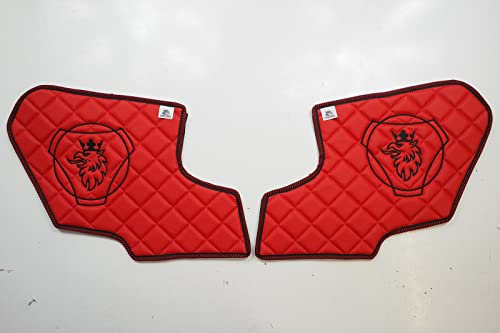 KRAM-TRUCK Seitenteile gesteppt Bestickt für Türen 2 Stück, Kompatibel mit Scania R, P, G ab 2017, Rot, Klettbefestigung, Schwamm Kunstleder 1 cm, Hygienezertifikat