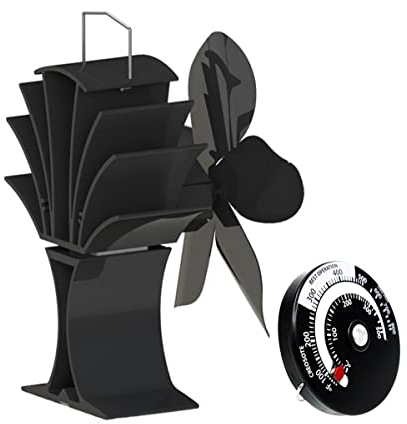 ROUOHUD 5-Flügel Kaminventilator, Wärmebetriebener Ofenventilator mit Thermometer, Stromloser Ventilator Kamin Holzöfen für Gas-/Pellets-/Holz-/Scheitöfen, 80% mehr warme Luft als 4-flügel Ventilator
