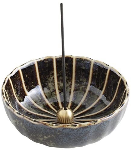 Asayu Japan Räucherstäbchenhalter - Grüner Lotus - Für Stäbchen 10cm, Made in Japan, Traditioneller Keramik Aschefänger, Inklusive Abnehmbarer Messingständer - Für Yoga, Meditation und Entspannung