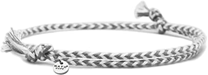 Nato Cuff - Geflochtenes Baumwollarmband - Handgefertigt in Frankreich - Edelstahlmedaille 316L - Herren Damen Verstellbares Juwel (Grau-Weiss)