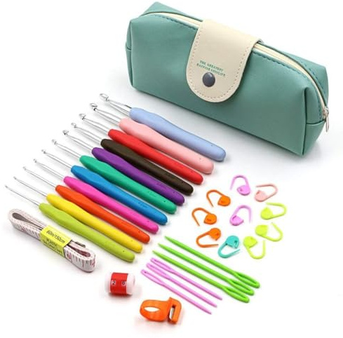 INF Häkelnadel Set 11 Stück Bunte Ergonomische Soft Gummi Comfort Grip Häkeln Stricken Nadeln Kit Haushalt Werkzeug mit tragbaren Tasche, Häkelnadeln, Maschenmarkierern und Maßband