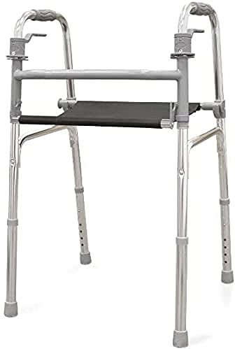 QUIRUMED Andador de aluminio con asiento de lona, Ligero, Plegable, Altura regulable, Empuñadura de goma, Ancho 51 cm, Color Gris, Para ancianos, Para personas mayores