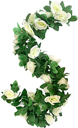MUYG 2 Pack Artificial Rose Vine Garland Fake Roses Flowers Plants Vines Hanging Floral Leaves Decoration for Wedding Party Table Garden Arch Wall Home Room Decor(White)