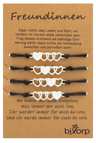 Bixorp Freundschaftsarmband für 4 mit Herz-Anhängern Silber - BFF Armband für Mädchen & Damen - Ideales Geburtstagsgeschenk für die beste Freundin