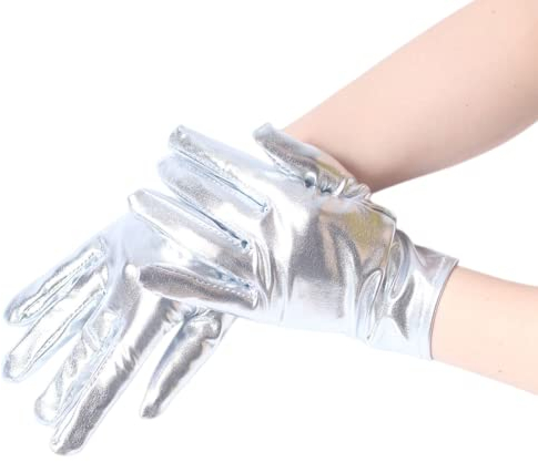 Achsoo Kurze Handschuhe für Damen Handgelenklange Handschuhe Braut Kostüm Halloween Kostüm Hochzeit (Silver(Patent Leather))
