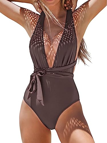 CUPSHE Damen Badeanzug V Ausschnitt Tiefer Rückenausschnitt Selbstbindung Monokini Einteilige Bademode Swimsuit Kaffeebraun M