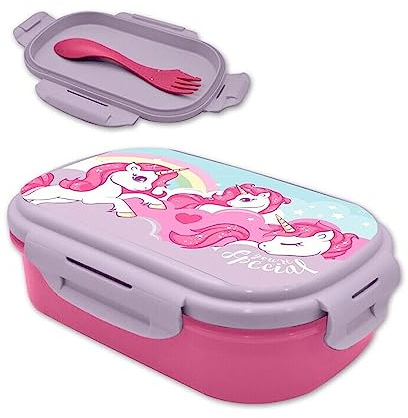 HOVUK Einhorn Lunchbox mit Göffel, 20 cm, Doppelfach, für Kinder, Mädchen, Sandwichbox, BPA-frei, auslaufsicher, mit Besteck-Set, ab 3 Jahren